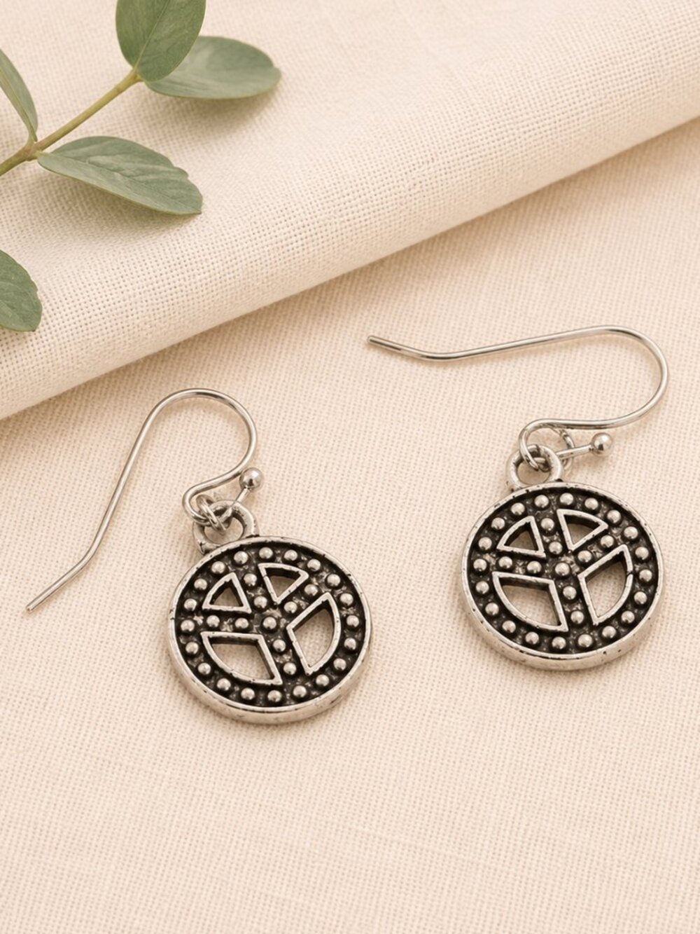 Antiqued Silver Peace Symbol Dangle Earrings Boho Minimalist